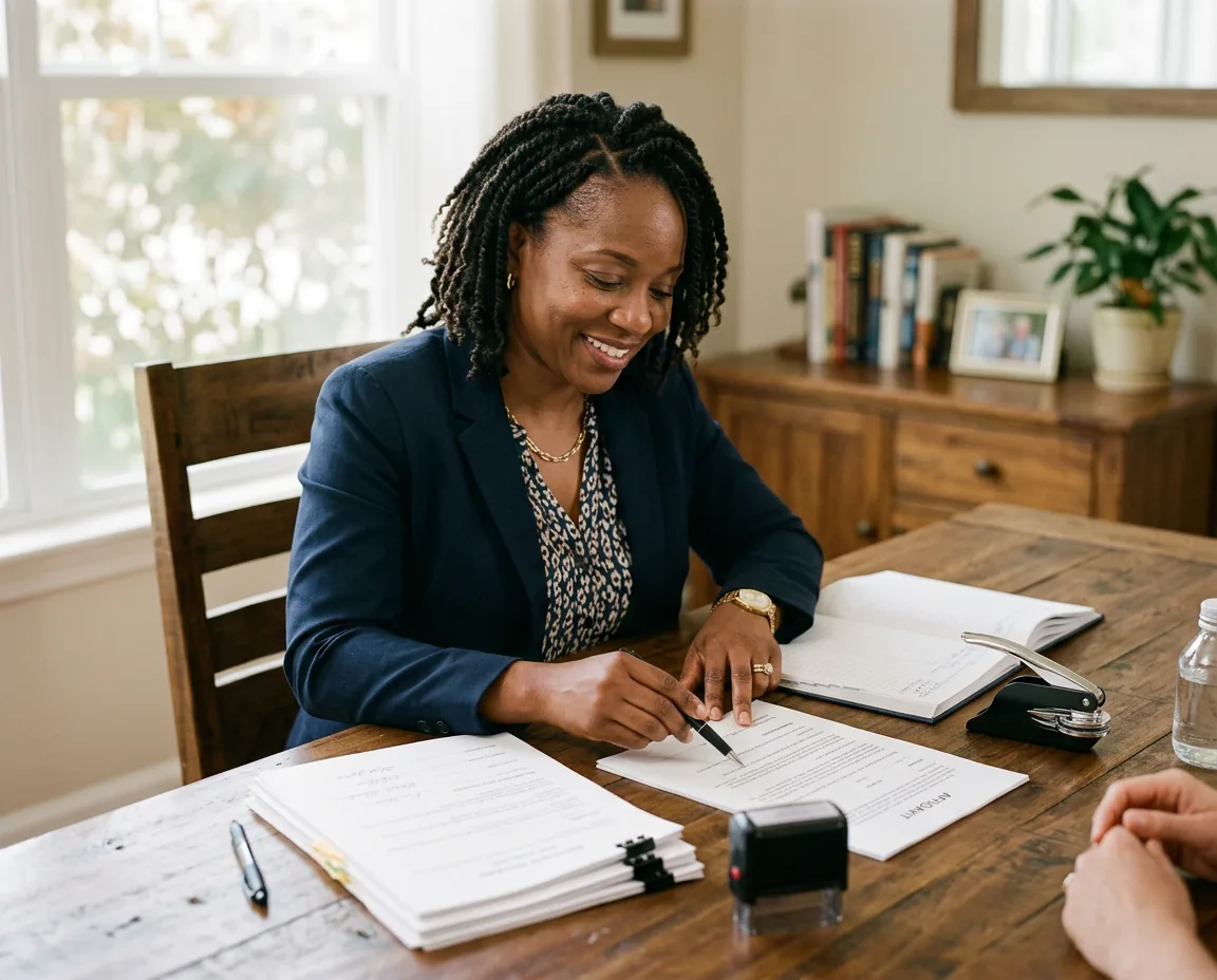Notary reviewing documents with a client at a home dining table