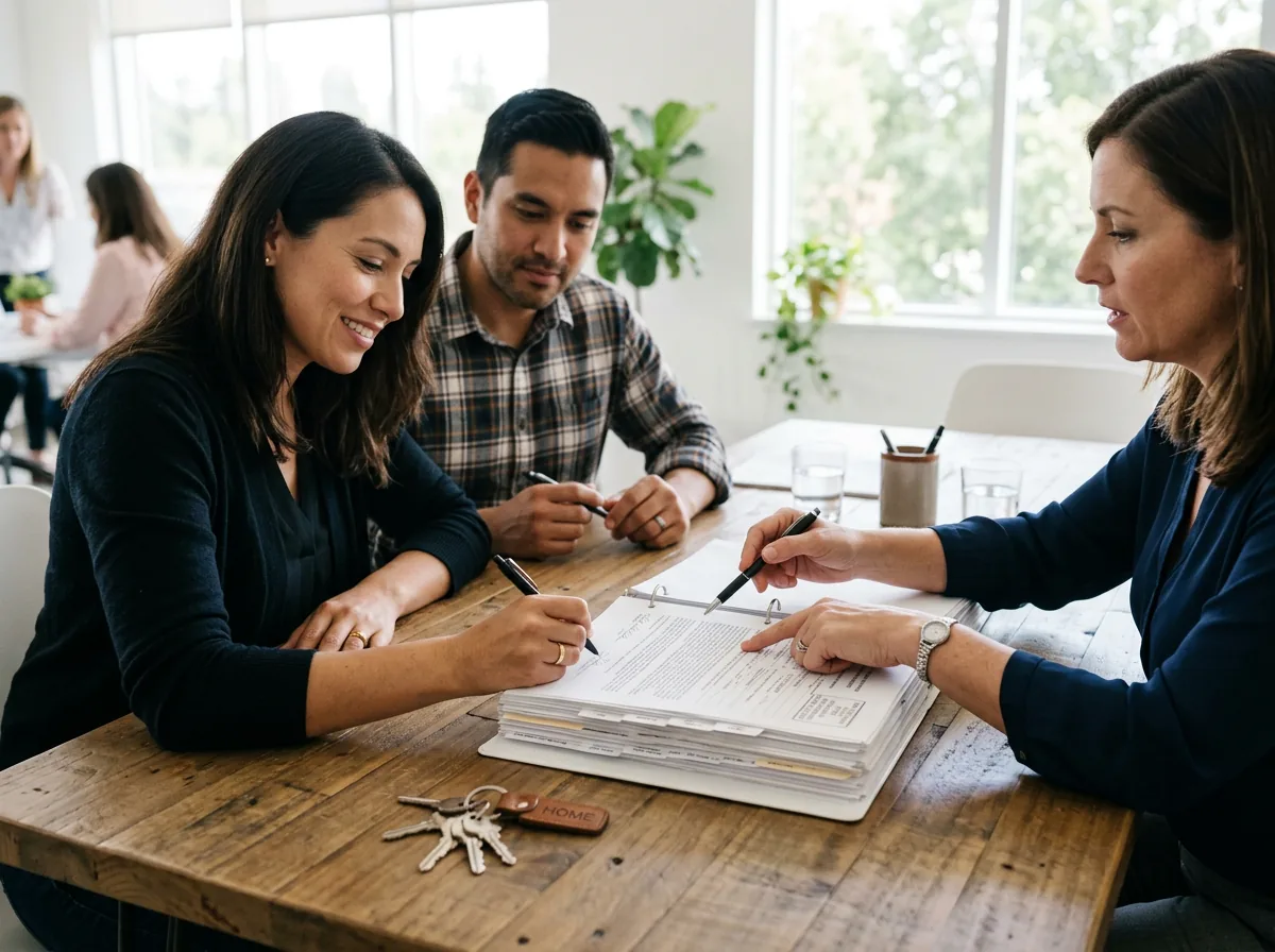 A signing agent reviewing a stack of loan closing documents