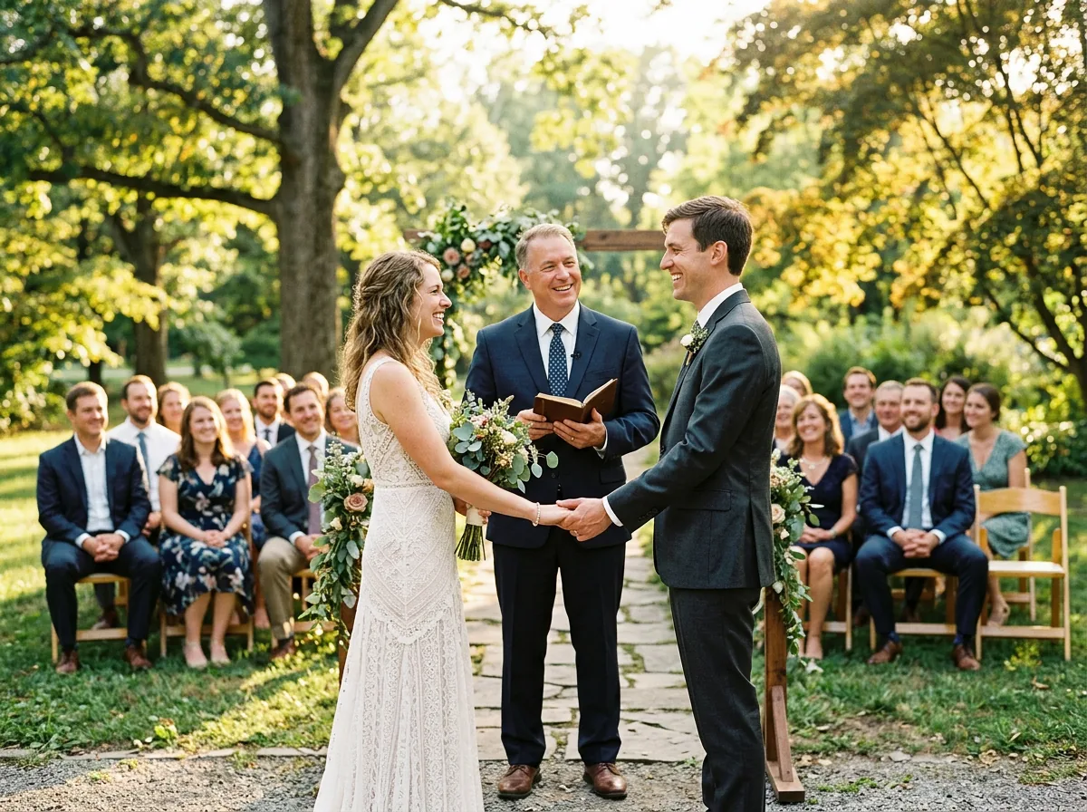 An officiant leading an outdoor wedding ceremony at golden hour